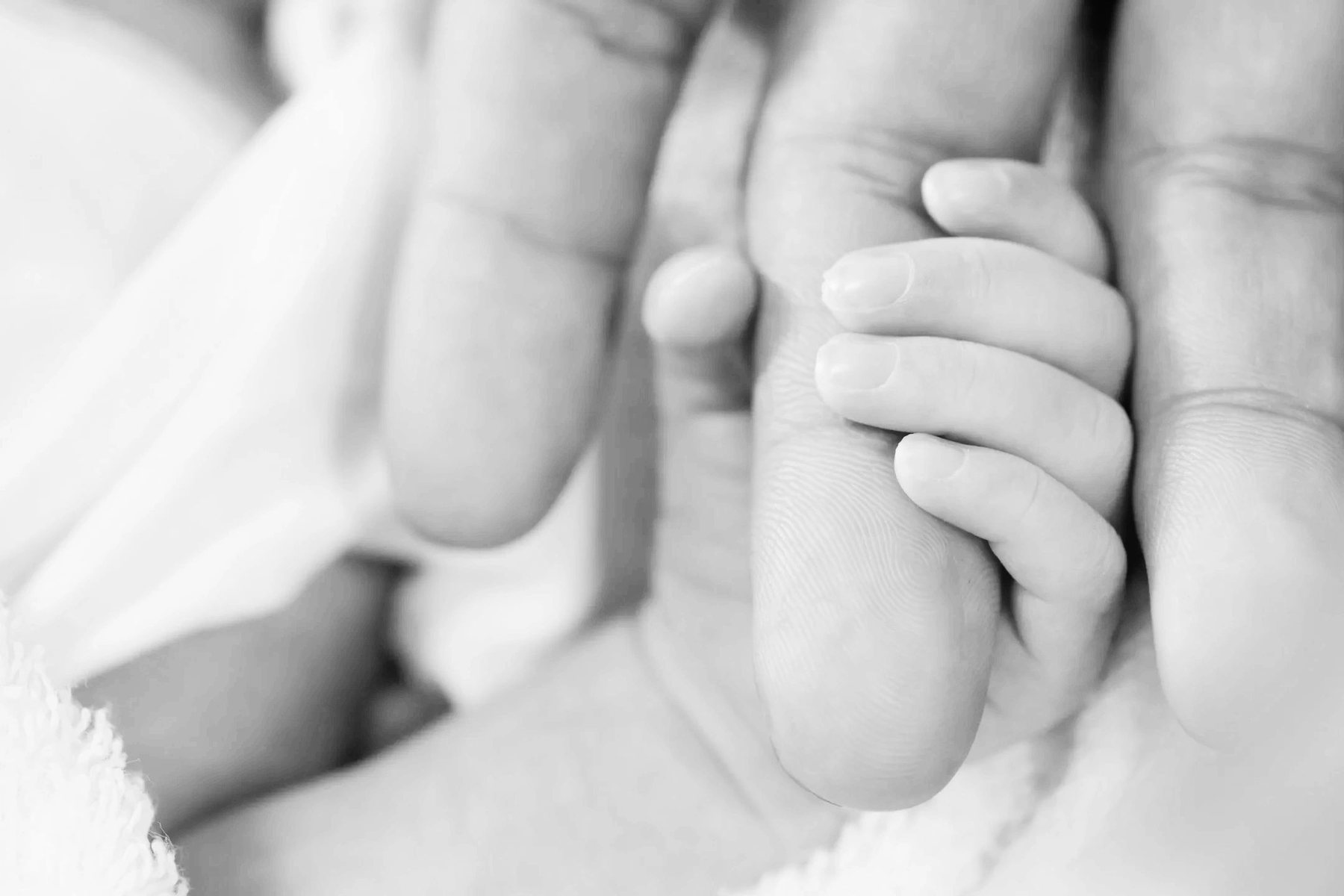A newborn’s hand holding an adult’s finger